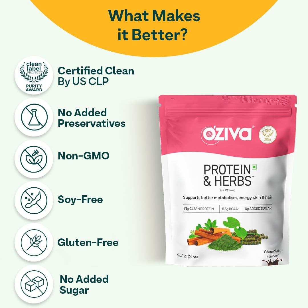 OZiva Protein & Herbs for Women Chocolate Whey Protein Powder, Supplement with Shatavari, Green Tea, Clean Protein - ingredie