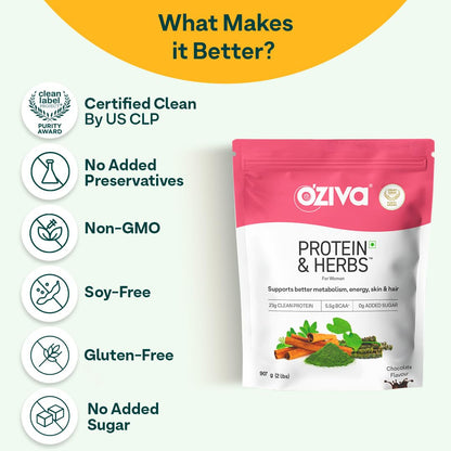 OZiva Protein & Herbs for Women Chocolate Whey Protein Powder, Supplement with Shatavari, Green Tea, Clean Protein - ingredie