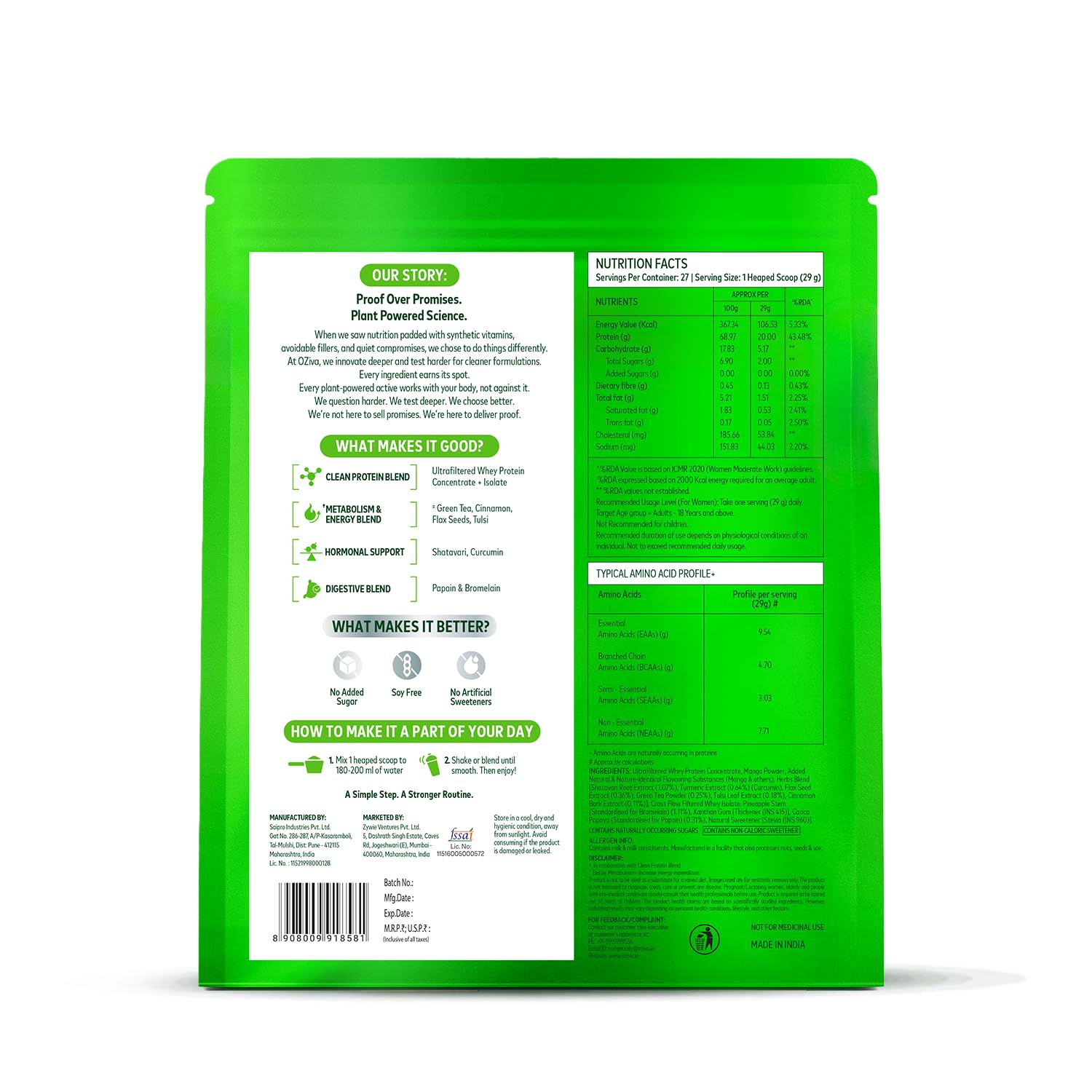 OZiva Protein & Herbs for Women, Whey Protein Powder, Mango Flavor with Green Tea, No Added Sugar, Soy-Free, Gluten-Free - in