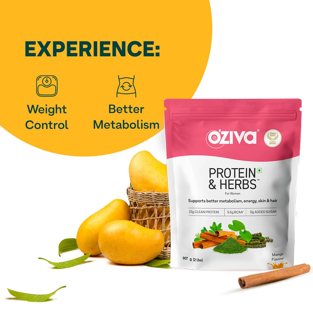 OZiva Protein & Herbs for Women, Whey Protein Powder, Mango Flavor with Green Tea, No Added Sugar, Soy-Free, Gluten-Free - ba