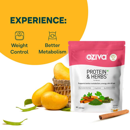 OZiva Protein & Herbs for Women, Whey Protein Powder, Mango Flavor with Green Tea, No Added Sugar, Soy-Free, Gluten-Free - ba