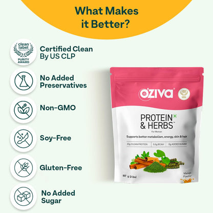 OZiva Protein & Herbs for Women, Whey Protein Powder, Mango Flavor with Green Tea, No Added Sugar, Soy-Free, Gluten-Free - in