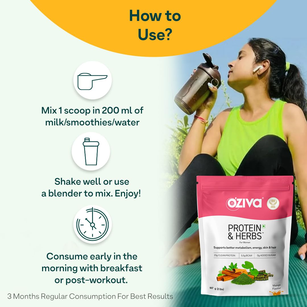 OZiva Protein & Herbs for Women, Whey Protein Powder, Mango Flavor with Green Tea, No Added Sugar, Soy-Free, Gluten-Free - cl