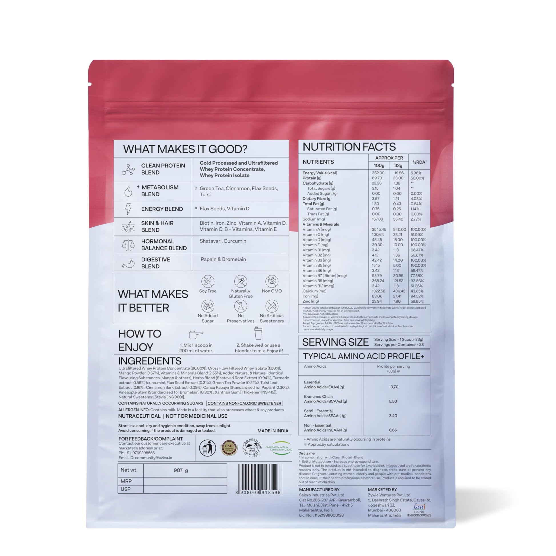 OZiva Protein & Herbs for Women, Whey Protein Powder, Mango Flavor with Green Tea, No Added Sugar, Soy-Free, Gluten-Free - in