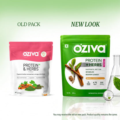 OZiva Protein & Herbs for Women, Whey Protein Powder, Mango Flavor with Green Tea, No Added Sugar, Soy-Free, Gluten-Free - fr