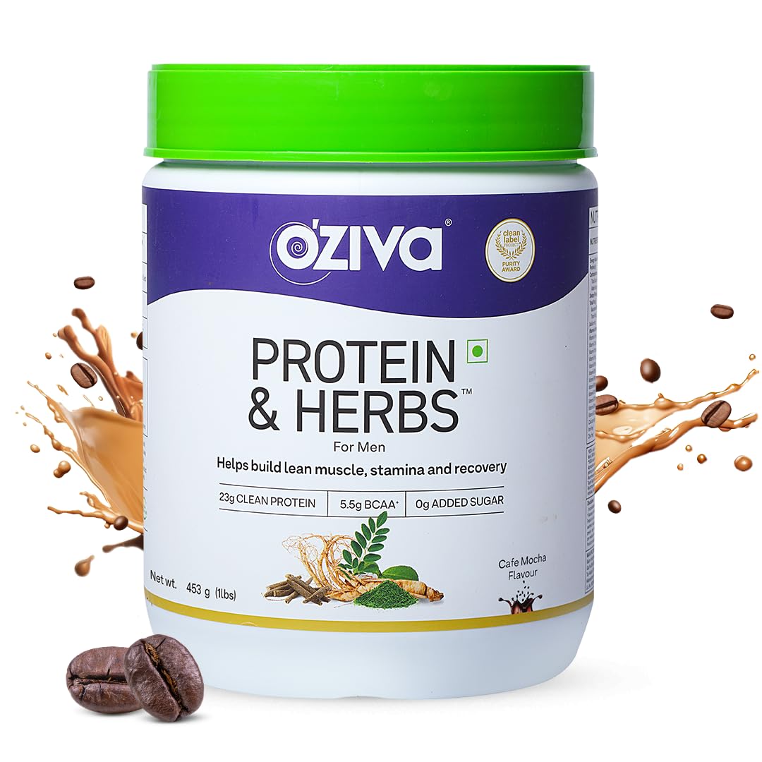 OZiva Protein & Herbs Whey Protein Powder, Cafe Mocha, 453g, No Added Sugar, US CLP Certified Clean