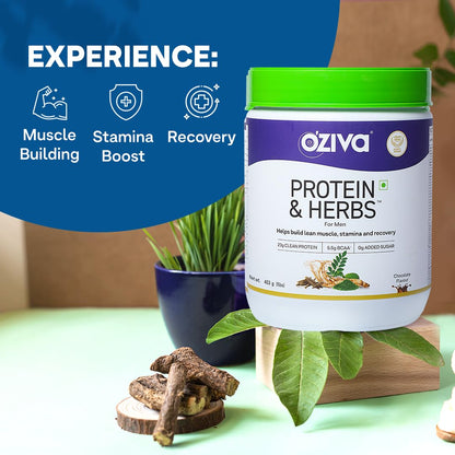 OZiva Protein & Herbs Whey Protein Powder, Cafe Mocha, 453g, No Added Sugar, US CLP Certified Clean - front view