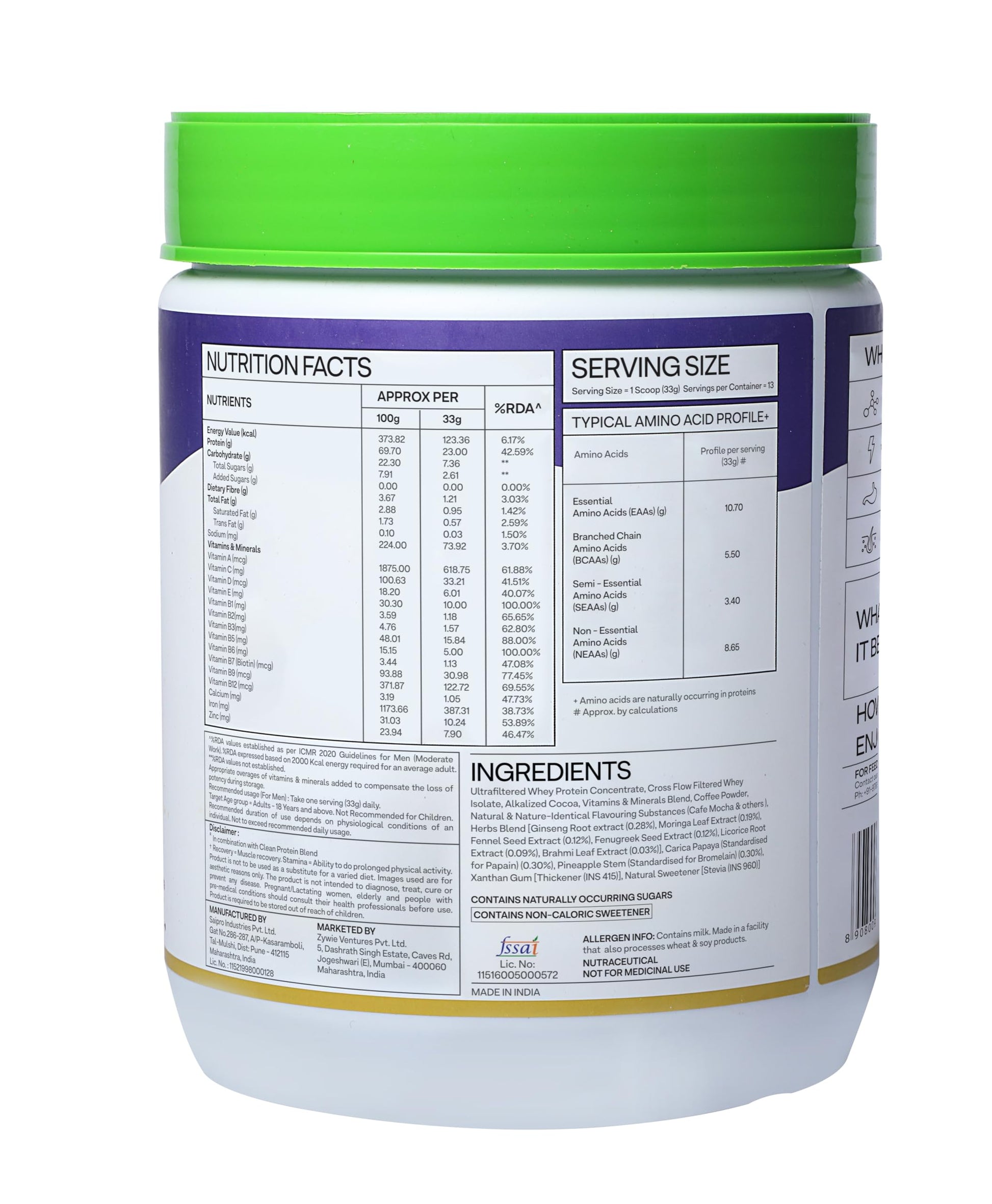 OZiva Protein & Herbs Whey Protein Powder, Cafe Mocha, 453g, No Added Sugar, US CLP Certified Clean - in use
