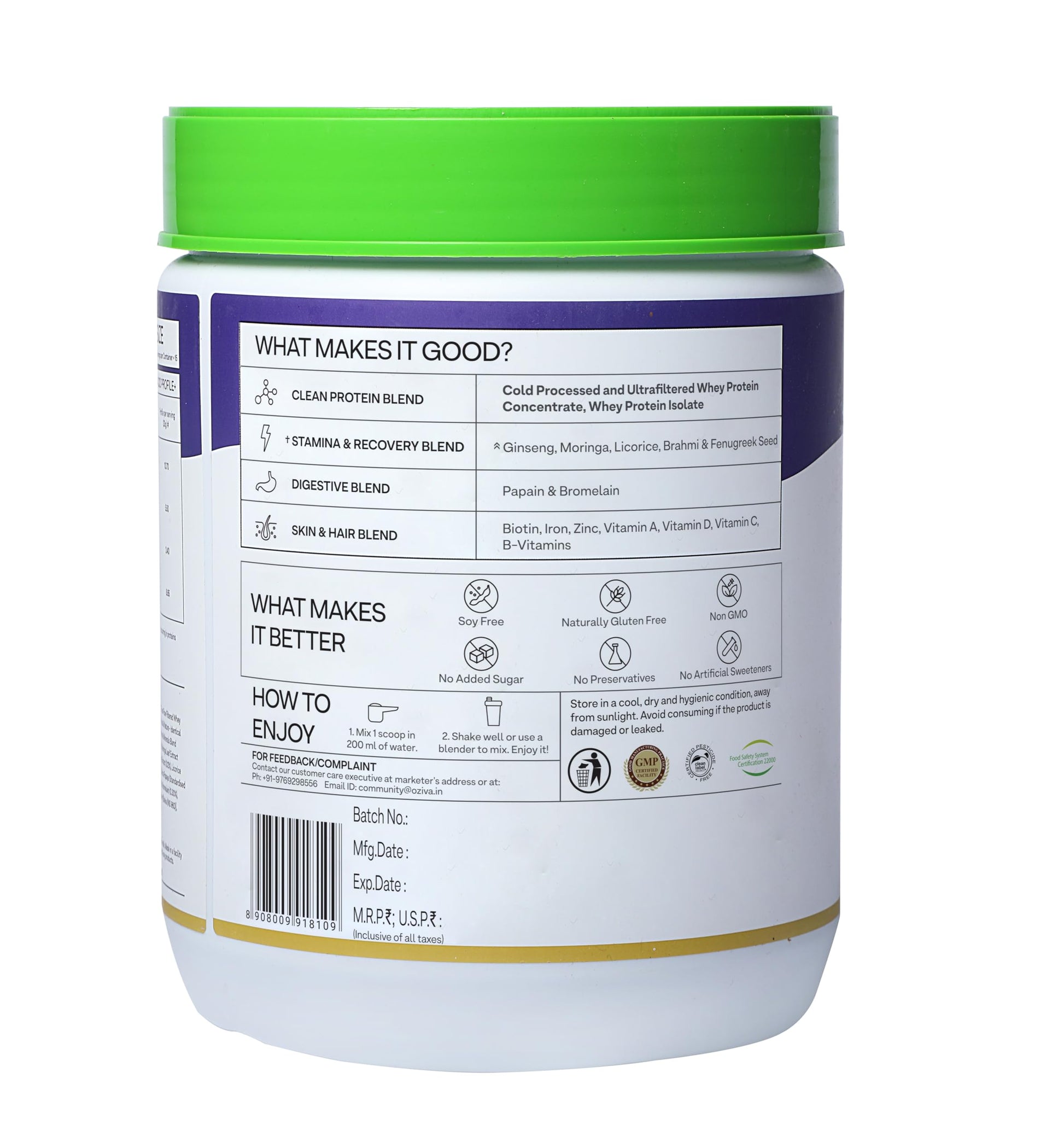 OZiva Protein & Herbs Whey Protein Powder, Cafe Mocha, 453g, No Added Sugar, US CLP Certified Clean - size and scale
