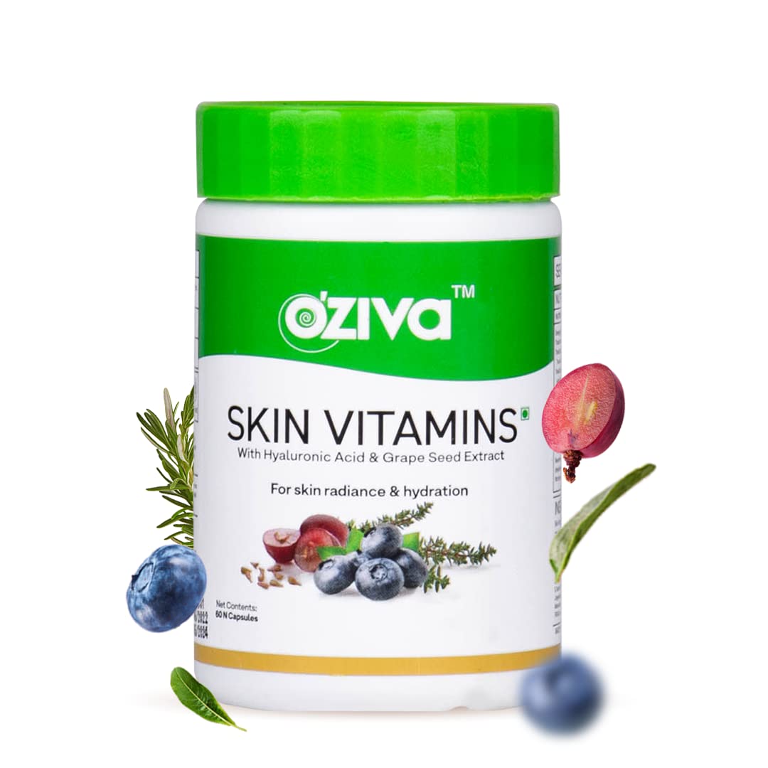 OZiva Skin Vitamins 60 Capsules for Men & Women, Hyaluronic Acid with Vitamins E & C, Certified Clean & Vegan, 50g