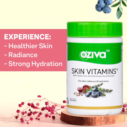 OZiva Skin Vitamins 60 Capsules for Men & Women, Hyaluronic Acid with Vitamins E & C, Certified Clean & Vegan, 50g - front vi