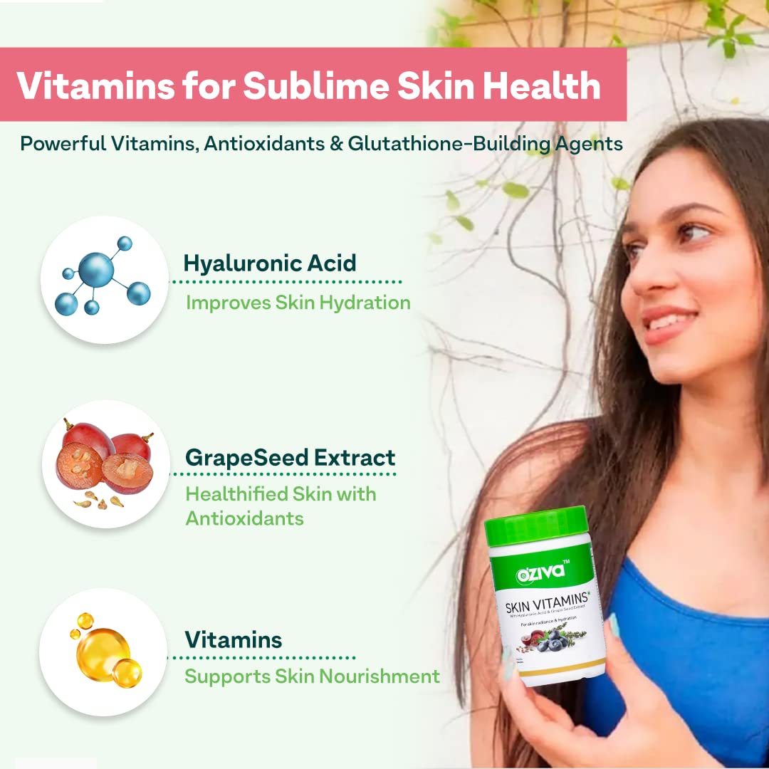 OZiva Skin Vitamins 60 Capsules for Men & Women, Hyaluronic Acid with Vitamins E & C, Certified Clean & Vegan, 50g - back vie