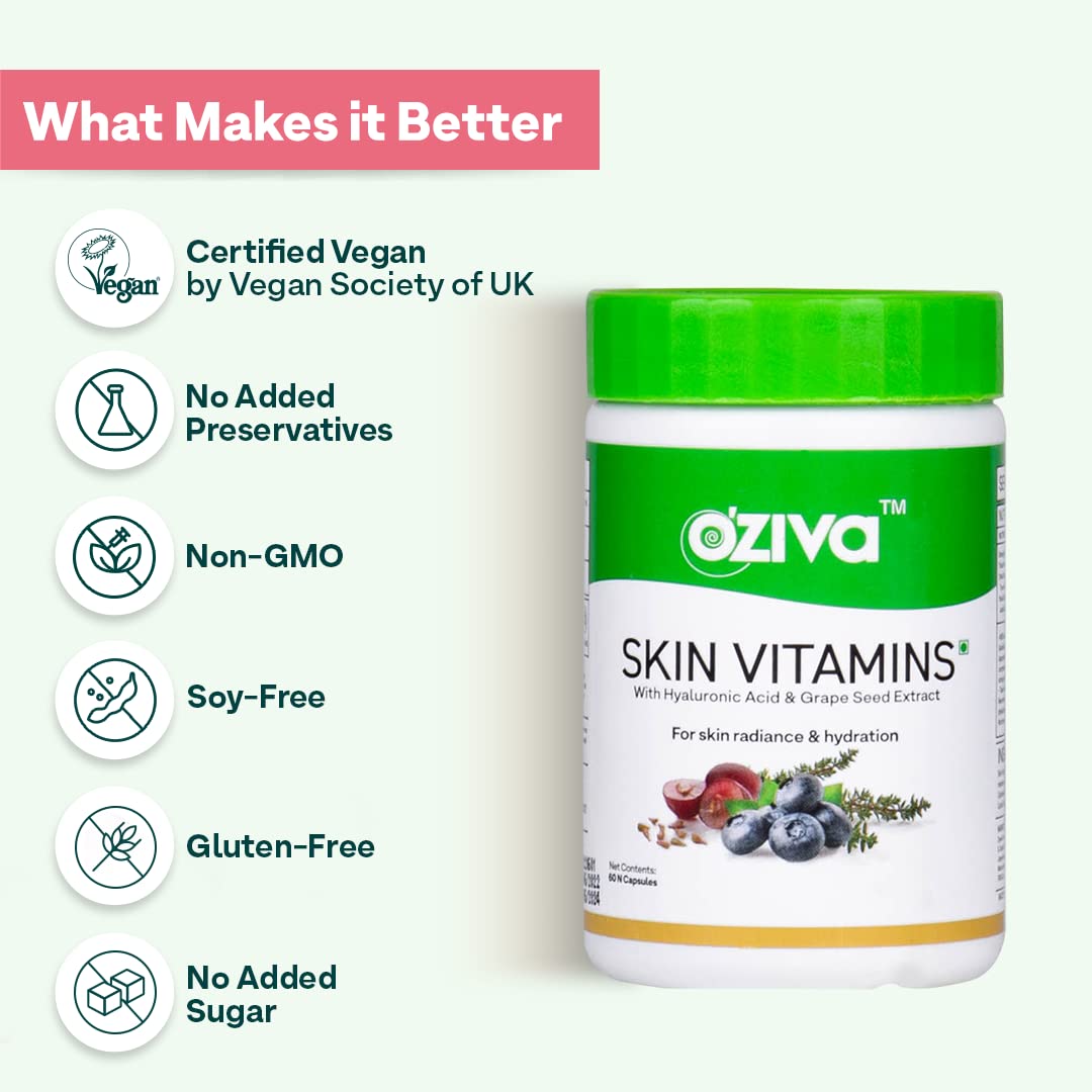 OZiva Skin Vitamins 60 Capsules for Men & Women, Hyaluronic Acid with Vitamins E & C, Certified Clean & Vegan, 50g - ingredie