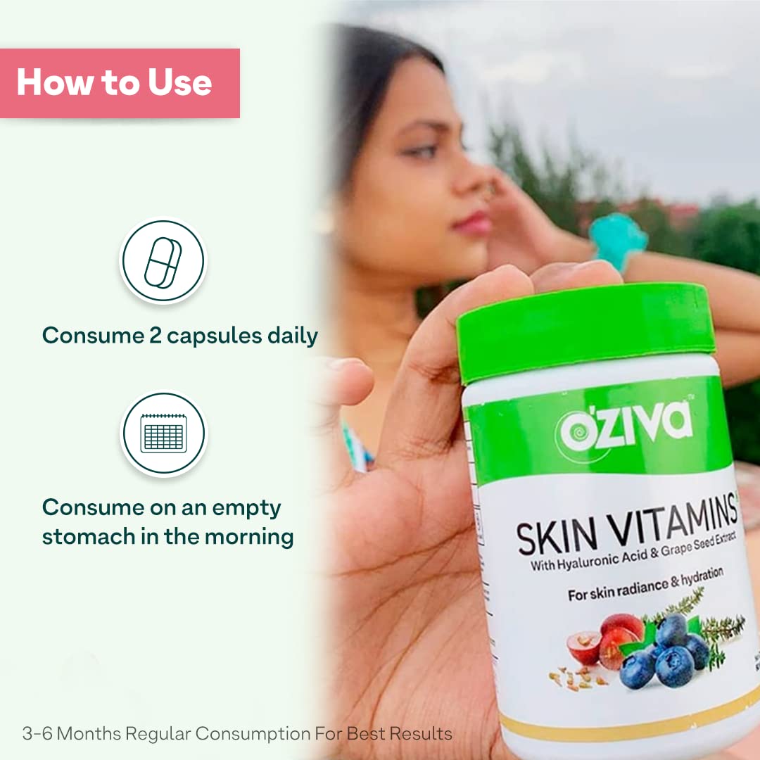 OZiva Skin Vitamins 60 Capsules for Men & Women, Hyaluronic Acid with Vitamins E & C, Certified Clean & Vegan, 50g - close-up
