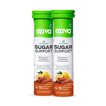 OZiva Sugar Support Effervescent Tablets, Multi-Herb Formula with Reducose, Cinnamon, Jamun, Karela, Gymnema and Moringa, 15 
