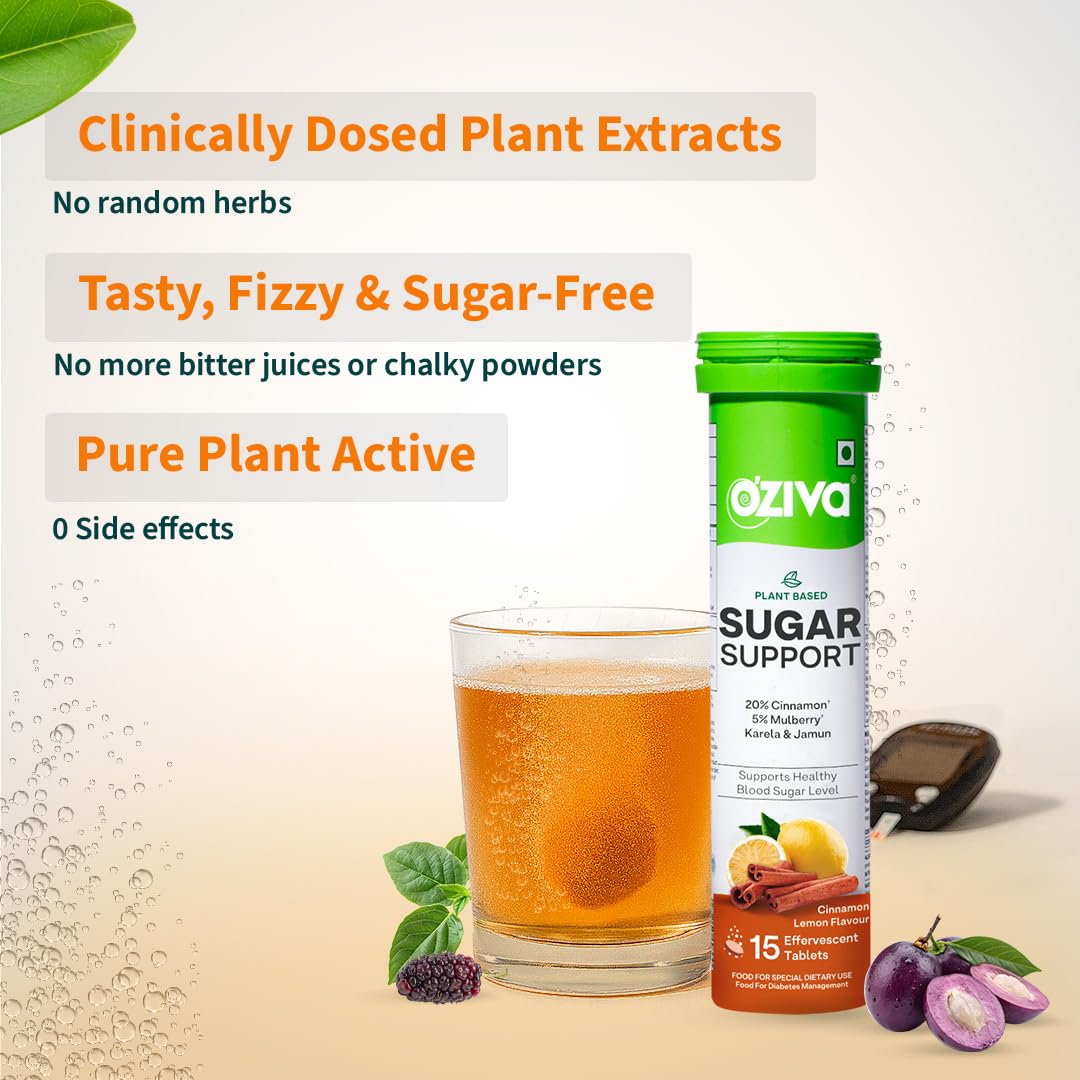 OZiva Sugar Support Effervescent Tablets, Multi-Herb Formula with Reducose, Cinnamon, Jamun, Karela, Gymnema and Moringa, 15 