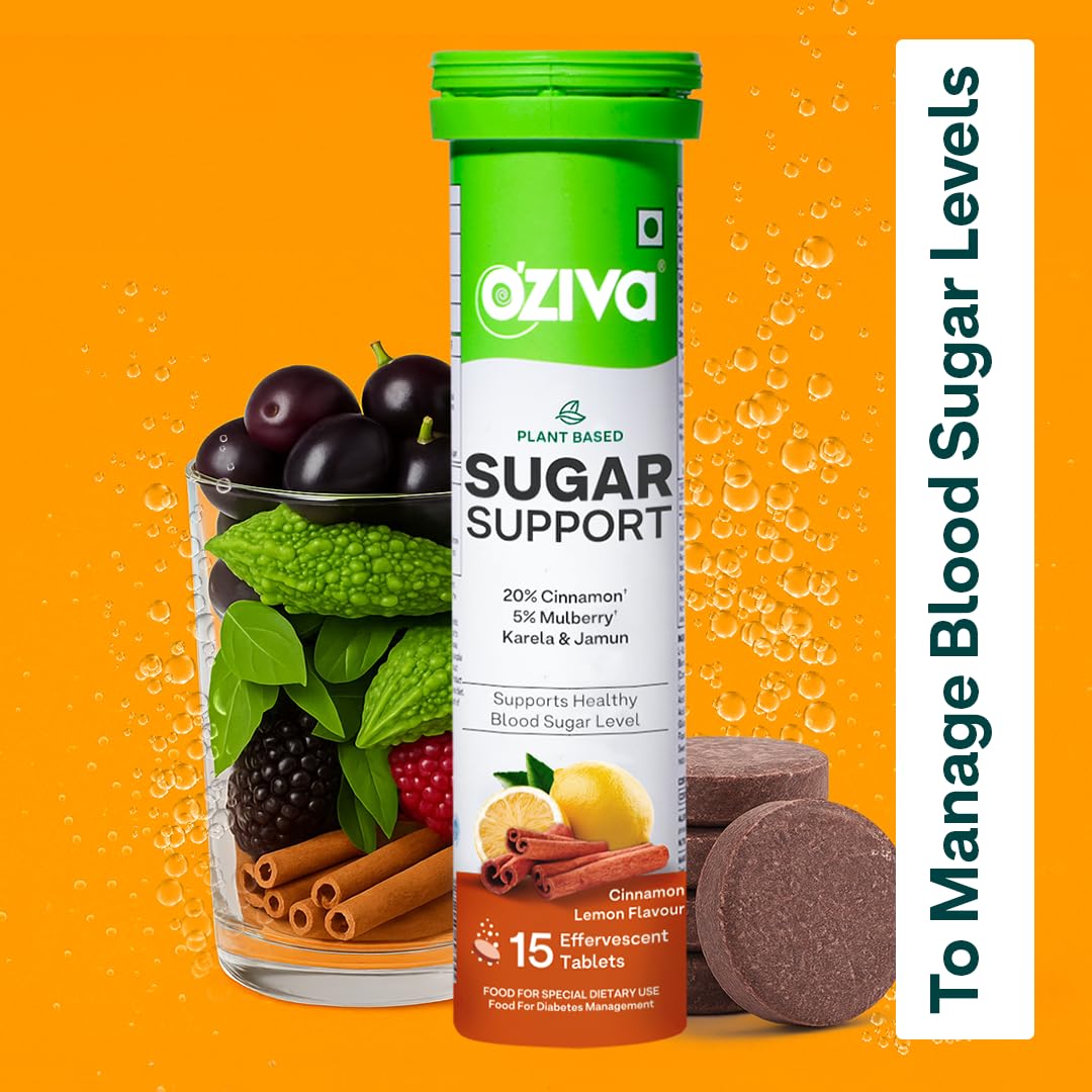 OZiva Sugar Support Effervescent Tablets, Multi-Herb Formula with Reducose, Cinnamon, Jamun, Karela, Gymnema and Moringa, 15 