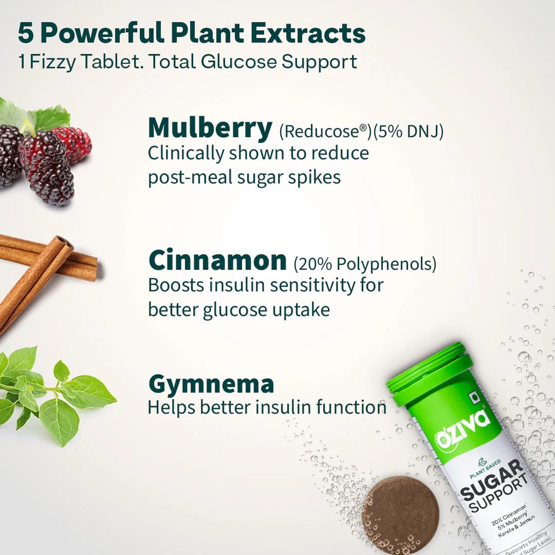 OZiva Sugar Support Effervescent Tablets, Multi-Herb Formula with Reducose, Cinnamon, Jamun, Karela, Gymnema and Moringa, 15 