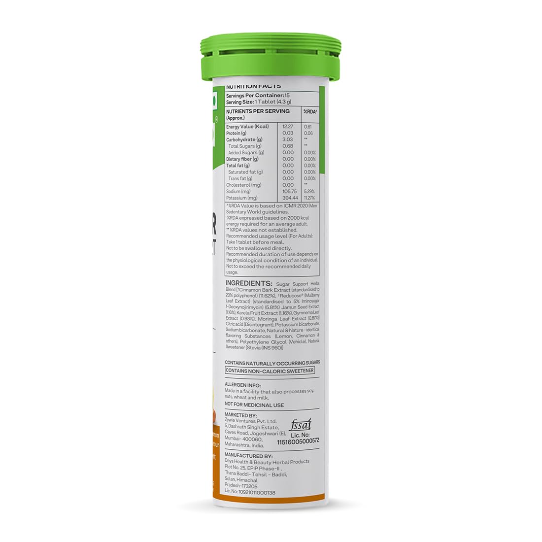 OZiva Sugar Support Effervescent Tablets, Multi-Herb Formula with Reducose, Cinnamon, Jamun, Karela, Gymnema and Moringa, 15 