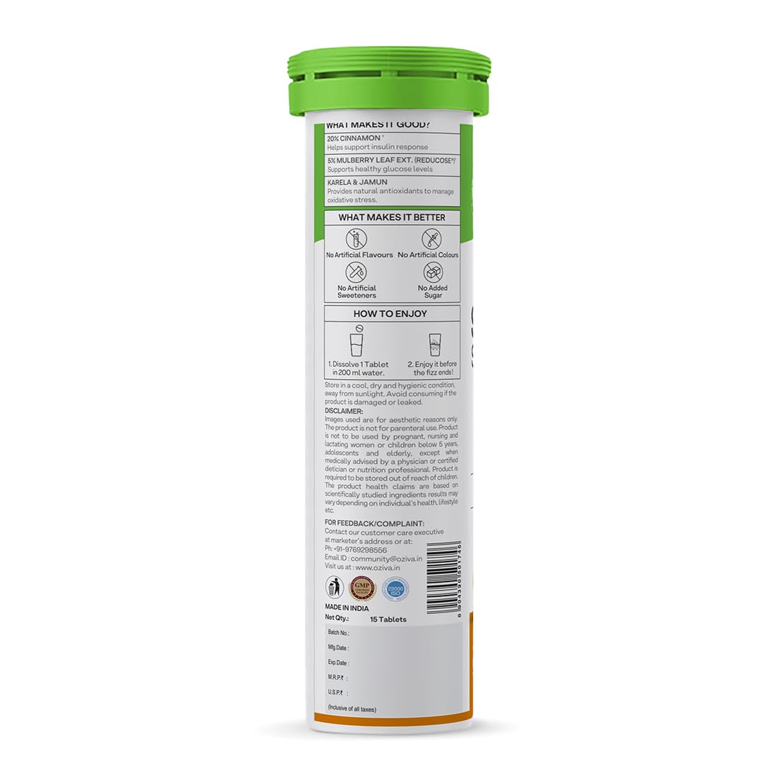 OZiva Sugar Support Effervescent Tablets, Multi-Herb Formula with Reducose, Cinnamon, Jamun, Karela, Gymnema and Moringa, 15 