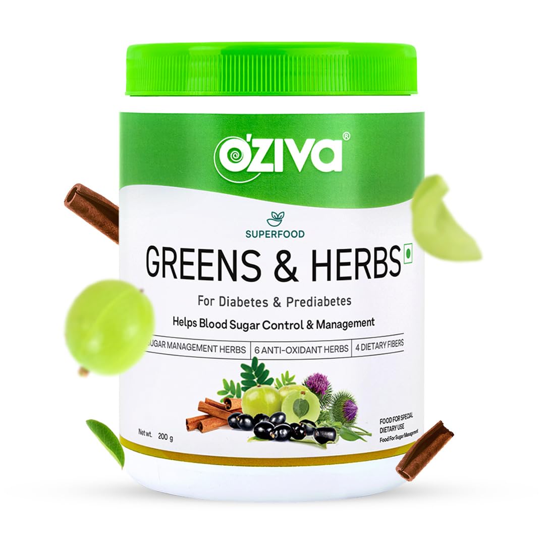 OZiva Superfood Greens & Herbs Powder for Diabetes and Prediabetes, 200g, Herbal Supplement