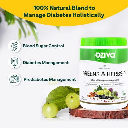 OZiva Superfood Greens & Herbs Powder for Diabetes and Prediabetes, 200g, Herbal Supplement - front view