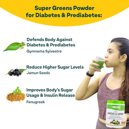 OZiva Superfood Greens & Herbs Powder for Diabetes and Prediabetes, 200g, Herbal Supplement - back view