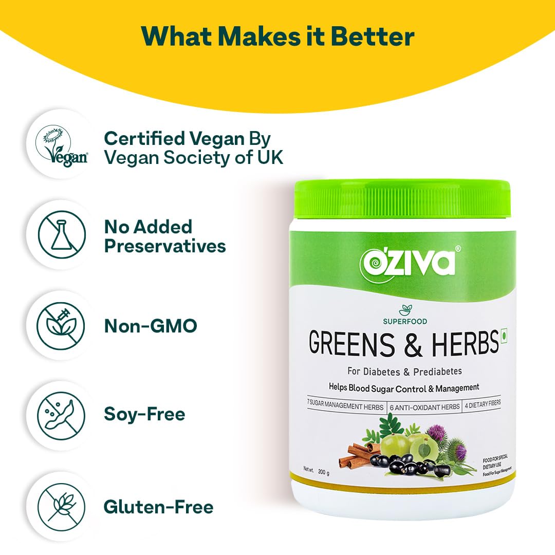 OZiva Superfood Greens & Herbs Powder for Diabetes and Prediabetes, 200g, Herbal Supplement - ingredients panel