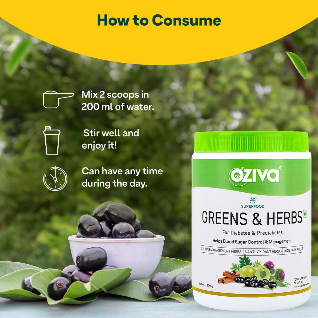 OZiva Superfood Greens & Herbs Powder for Diabetes and Prediabetes, 200g, Herbal Supplement - close-up detail