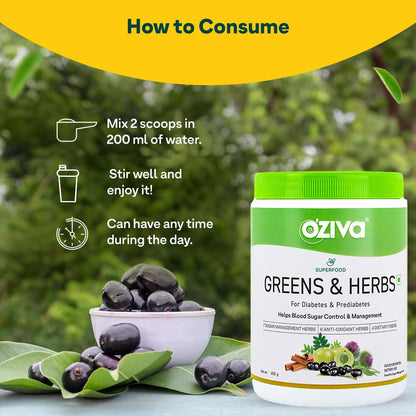 OZiva Superfood Greens & Herbs Powder for Diabetes and Prediabetes, 200g, Herbal Supplement - close-up detail