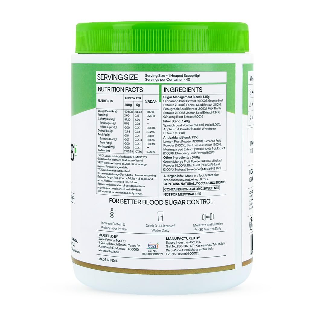 OZiva Superfood Greens & Herbs Powder for Diabetes and Prediabetes, 200g, Herbal Supplement - size and scale