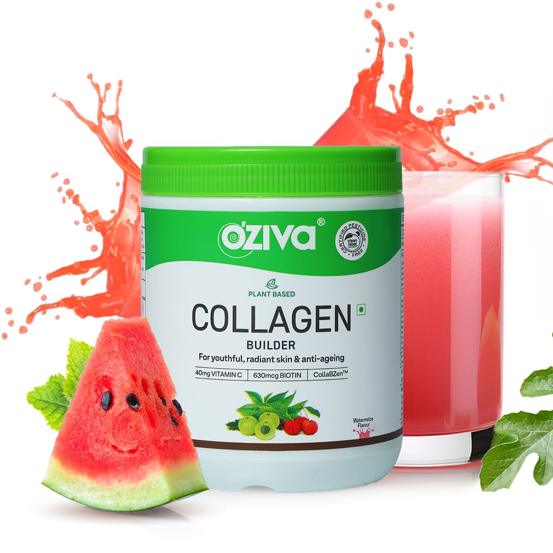 OZiva Vegan Collagen Powder, 125g, Watermelon Flavor, with Biotin, Vitamin C, Plant Based Ingredients