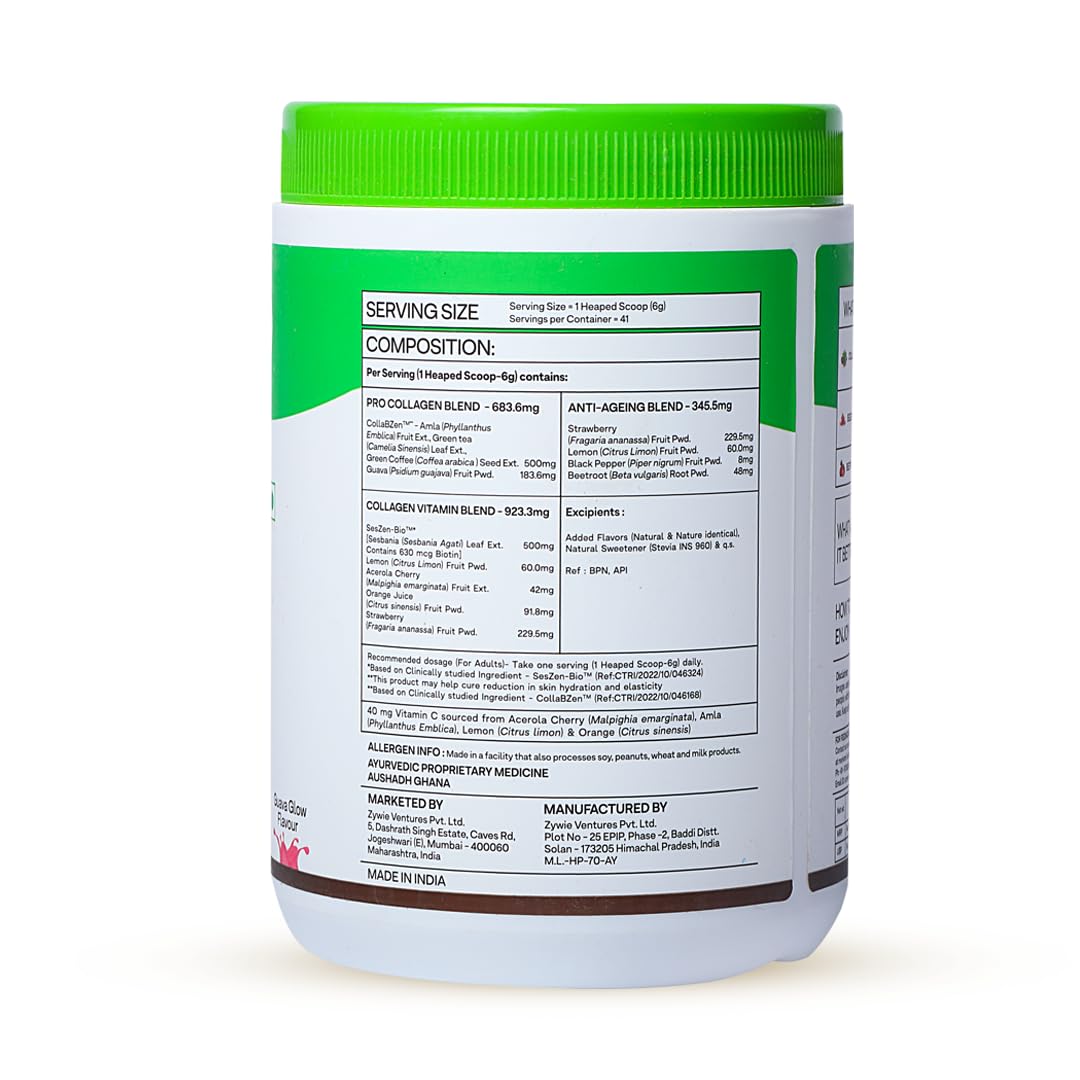 OZiva Vegan Collagen Powder, 200g, Plant-Based Formula, Guava Flavor, Unisex Adult Supplement - size and scale