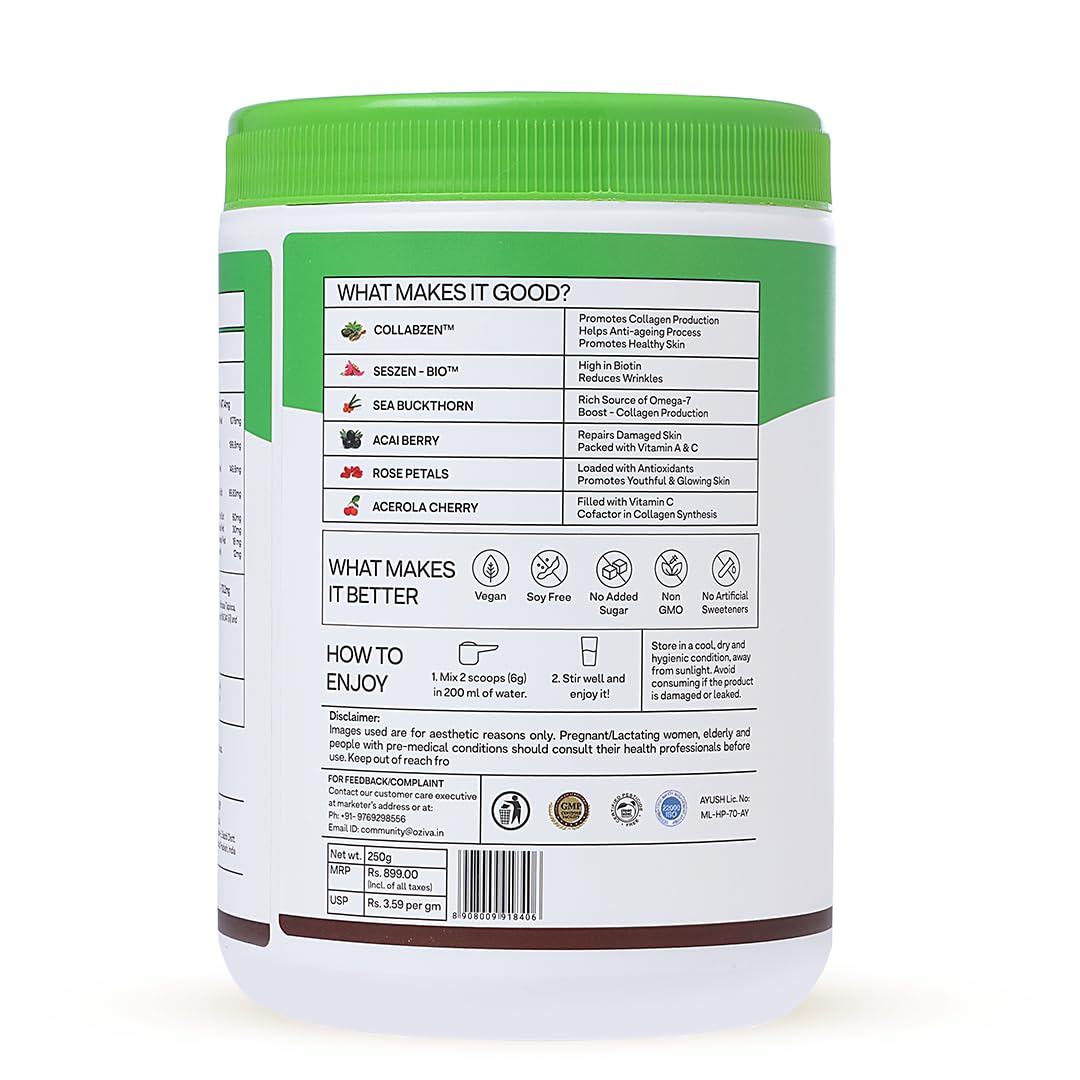 OZiva Vegan Collagen Powder, 200g, Tangy Amla Flavor, Nutritional Supplement - size and scale
