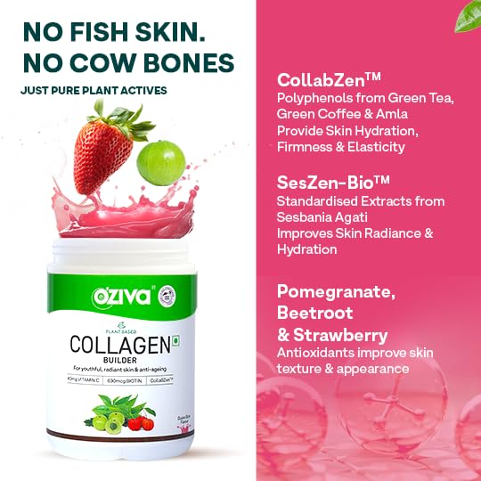 OZiva Vegan Collagen Powder, Berry Orange, 200g, Plant-Based Adult Nutritional Supplement, Unisex - packaging
