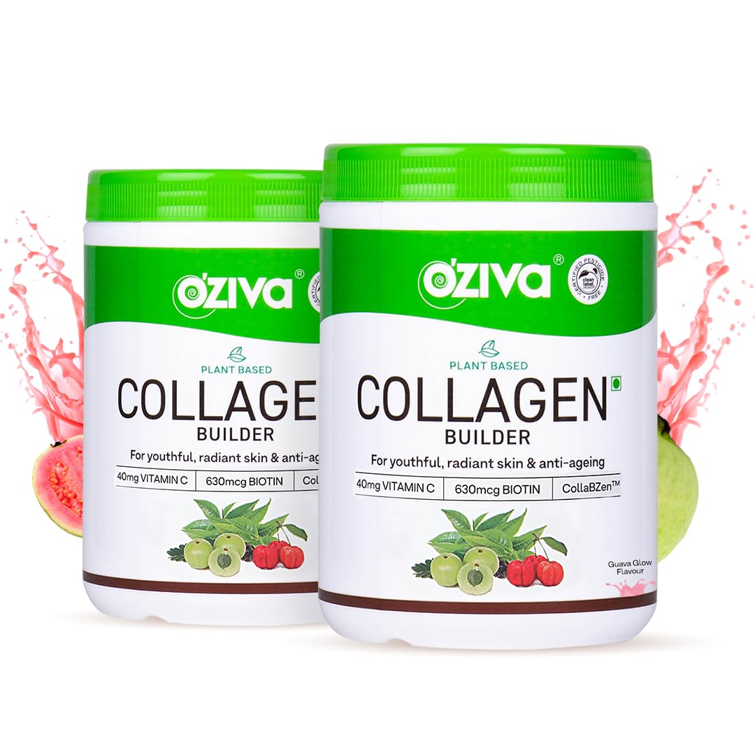 OZiva Vegan Collagen Powder, Guava Glow Flavor, 200g, Plant-Based Nutritional Supplement