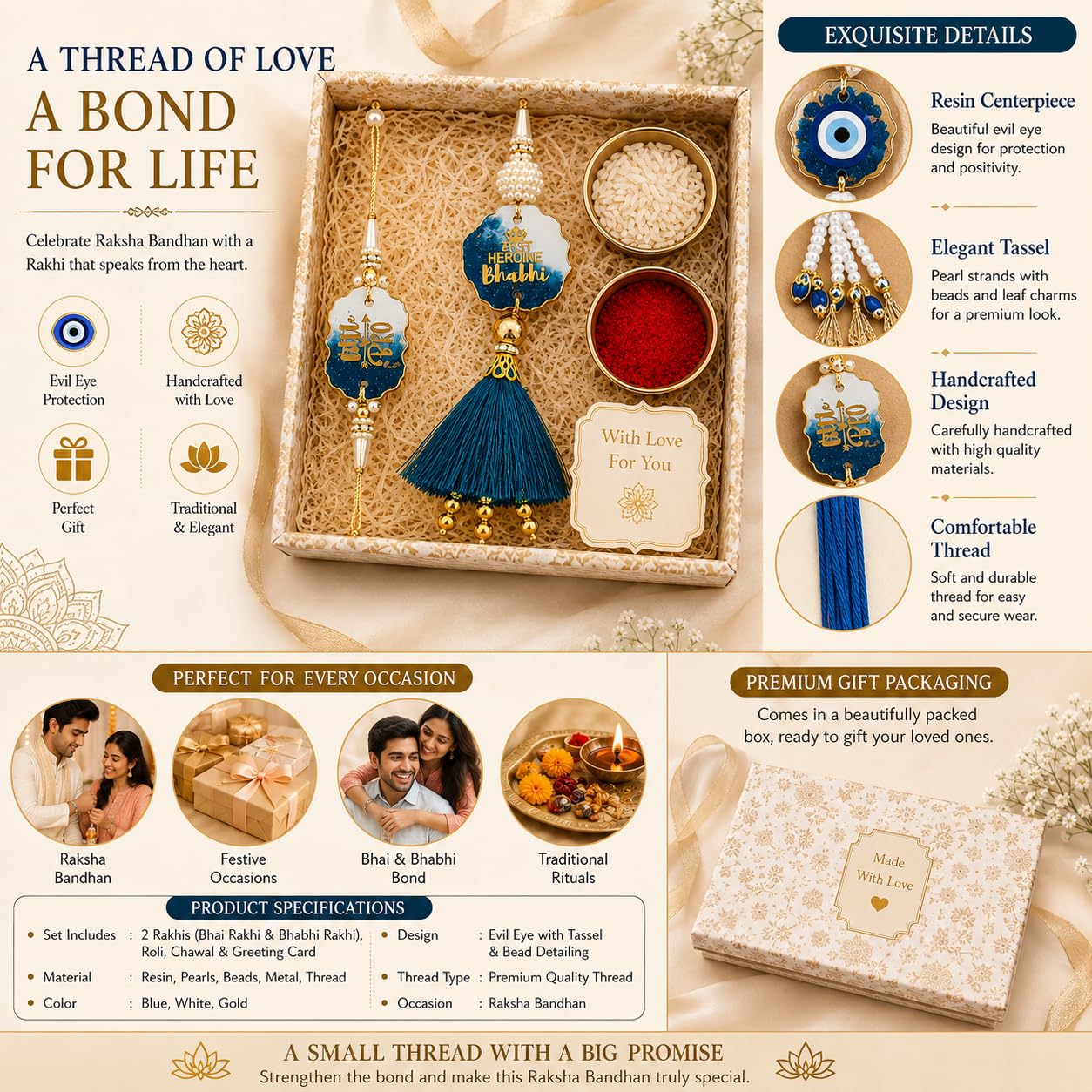 P. N. STORE Resin Rakhi for Brother, Handcrafted Raksha Bandhan Bracelet with Pearl Beads, Festive Rakhi Gift - front view (2