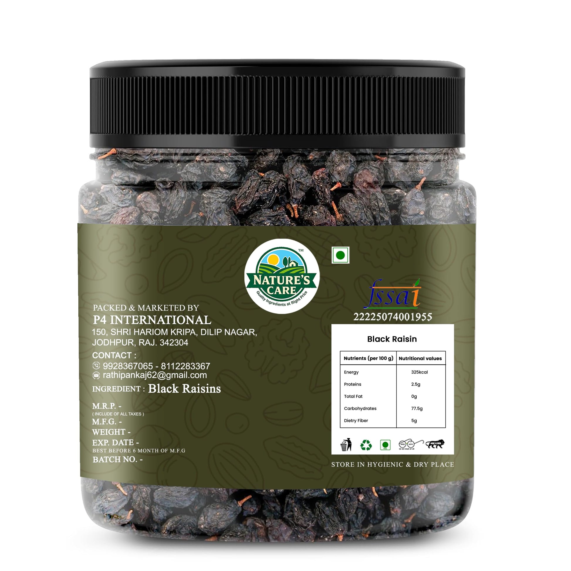 P4 International Black Raisins, Dried Grapes for Snacking, Cooking & Baking, Multiple Sizes Available (250g-900g) - front vie