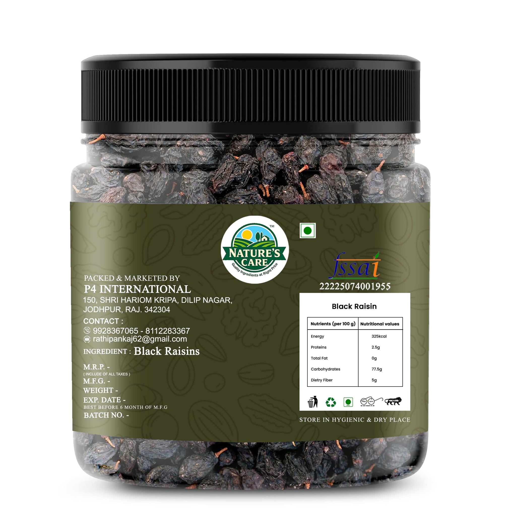 P4 International Black Raisins, Dried Grapes for Snacking, Cooking & Baking, Multiple Sizes Available (250g-900g) - front vie