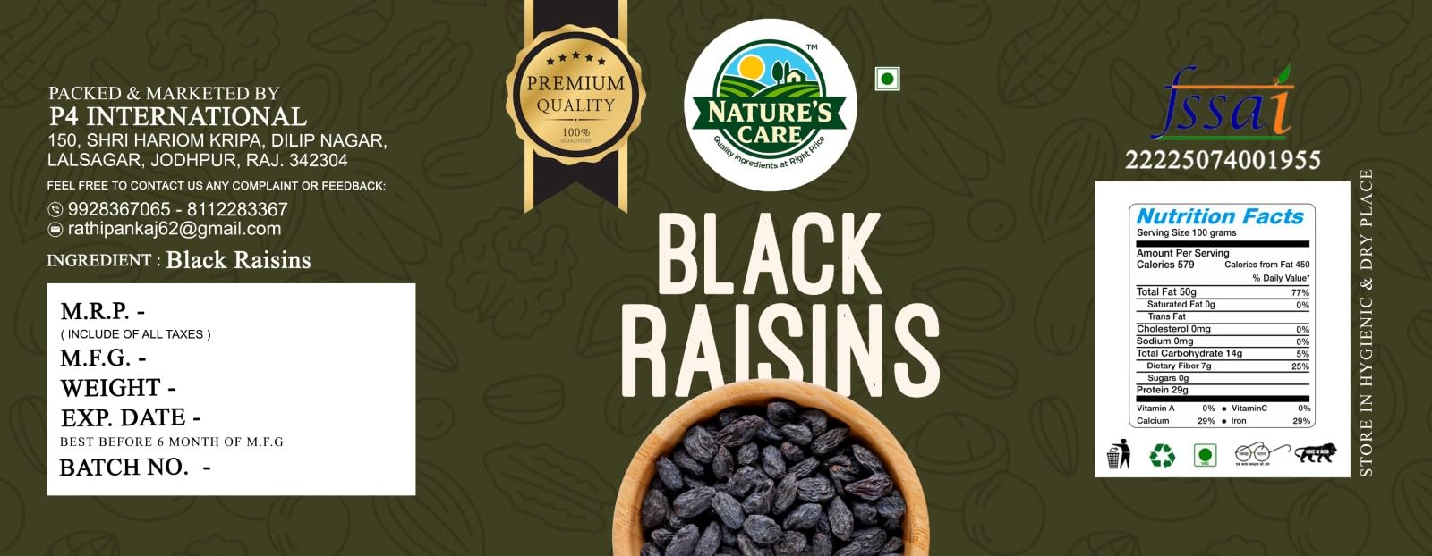 P4 International Black Raisins, Dried Grapes for Snacking, Cooking & Baking, Multiple Sizes Available (250g-900g) - ingredien
