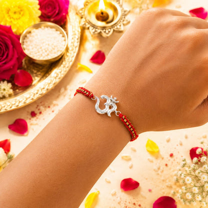 PAJORI Silver Rakhi for Brother, Traditional Chandi Rakhi, Handcrafted Raksha Bandhan Bracelet - front view