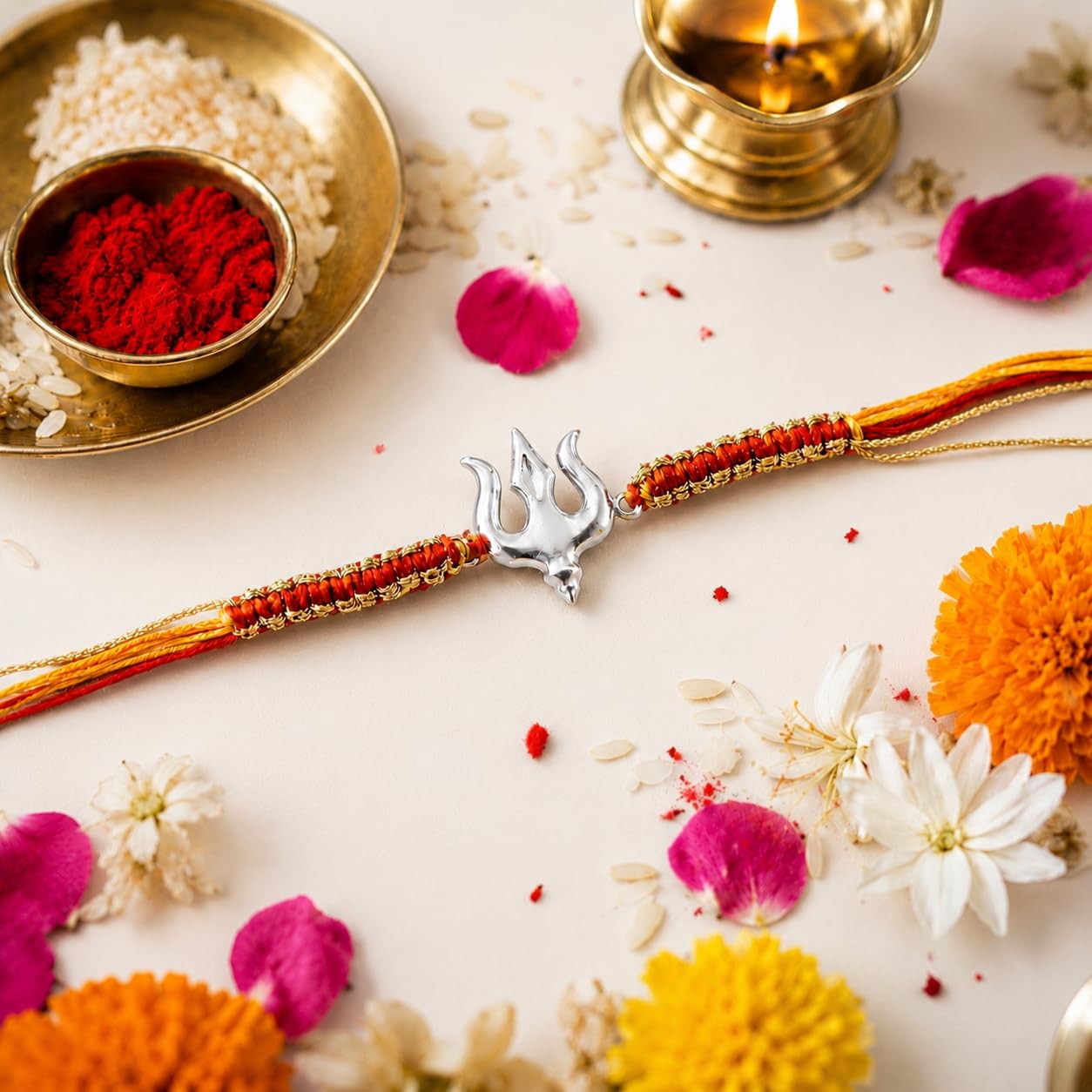 PAJORI Silver Rakhi for Brother, Trishul Rakhi for Bhai, Traditional Raksha Bandhan Gift - front view