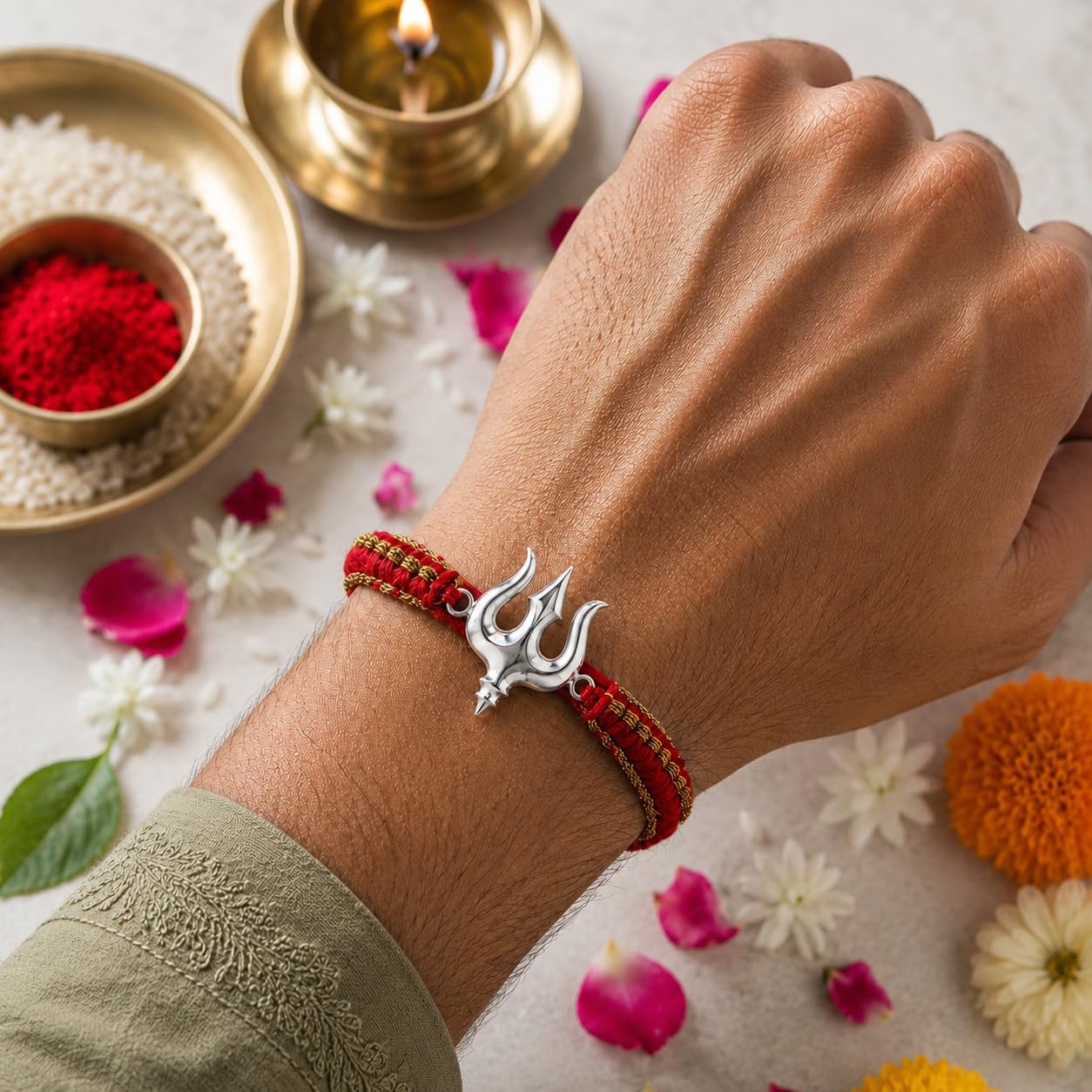 PAJORI Silver Rakhi for Brother, Trishul Rakhi for Bhai, Traditional Raksha Bandhan Gift - back view