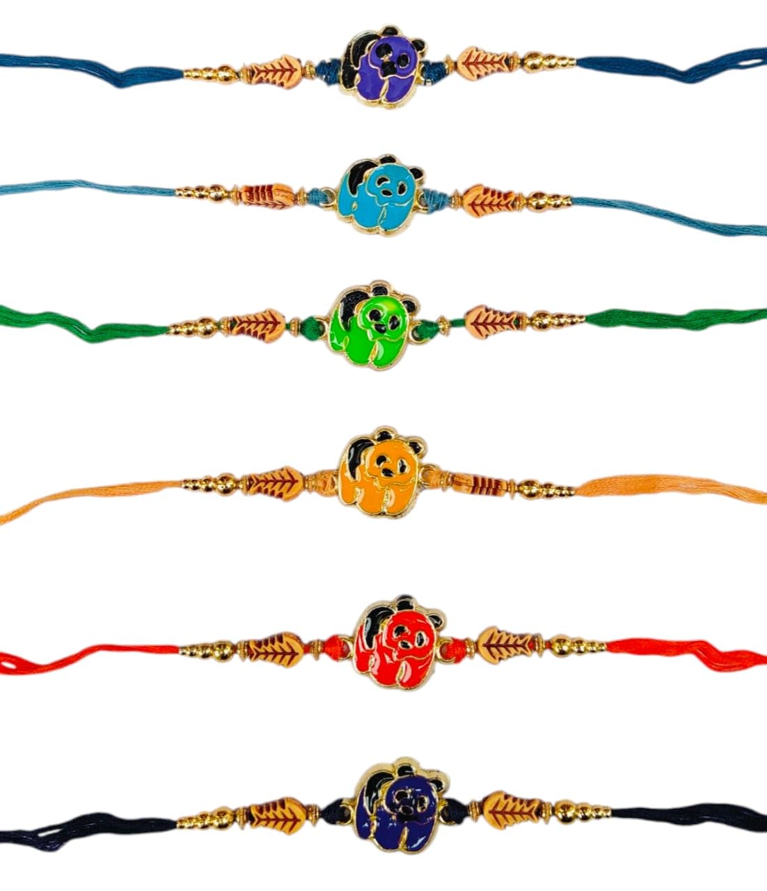 Panda Rakhi Set of 6 Multicolor Bracelets with Roli Chawal, Traditional Raksha Bandhan Rakhi for Kids