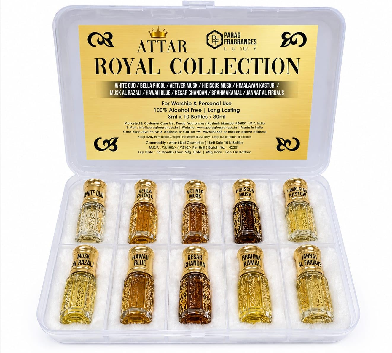 Parag Fragrances 10 in 1 Royal Collection Attar Set, 10 Scents, 100g, Alcohol-Free, Unisex Gift Pack