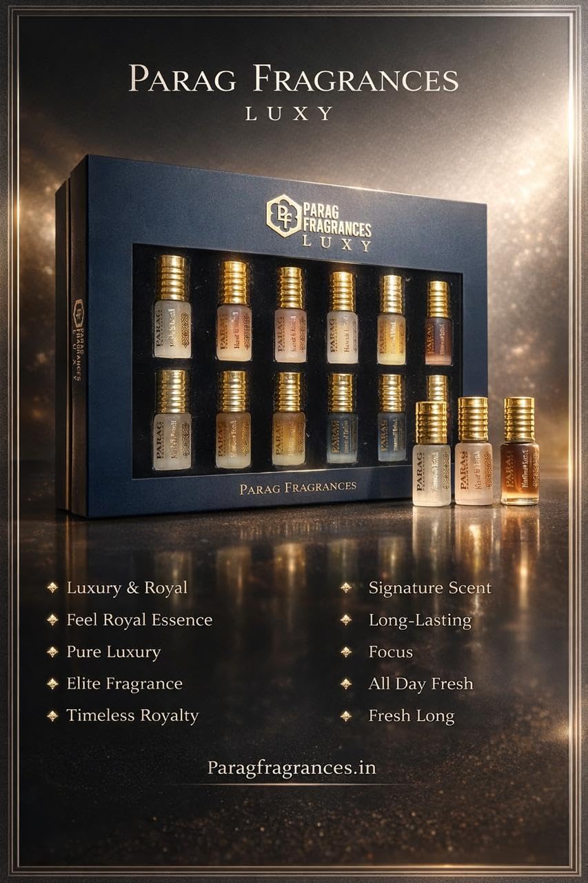 Parag Fragrances 10 in 1 Royal Collection Attar Set, 10 Scents, 100g, Alcohol-Free, Unisex Gift Pack - back view