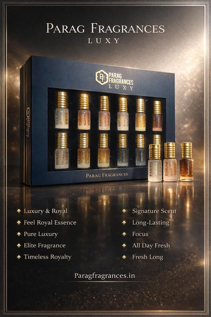 Parag Fragrances 10 in 1 Royal Collection Attar Set, 10 Scents, 100g, Alcohol-Free, Unisex Gift Pack - back view