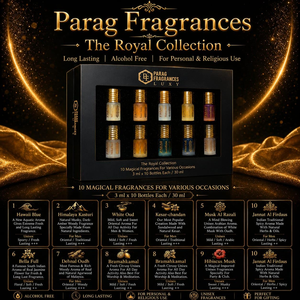 Parag Fragrances 10 in 1 Royal Collection Attar Set, 10 Scents, 100g, Alcohol-Free, Unisex Gift Pack - ingredients panel