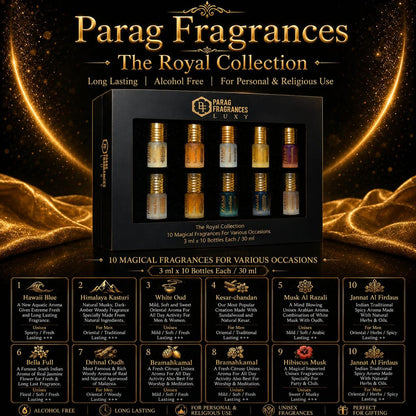 Parag Fragrances 10 in 1 Royal Collection Attar Set, 10 Scents, 100g, Alcohol-Free, Unisex Gift Pack - ingredients panel