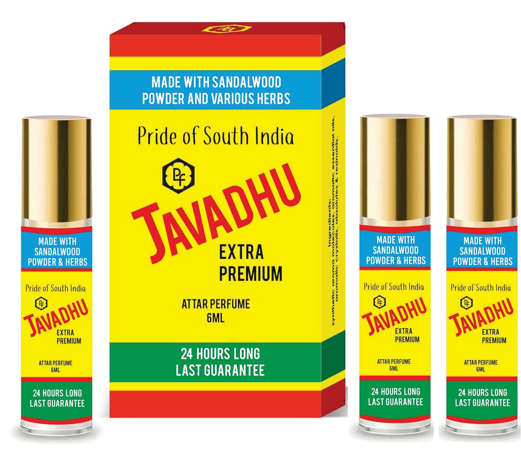 Parag Fragrances Golden Javadhu Attar, 18ml (3x6ml), Sandalwood Turmeric Blend